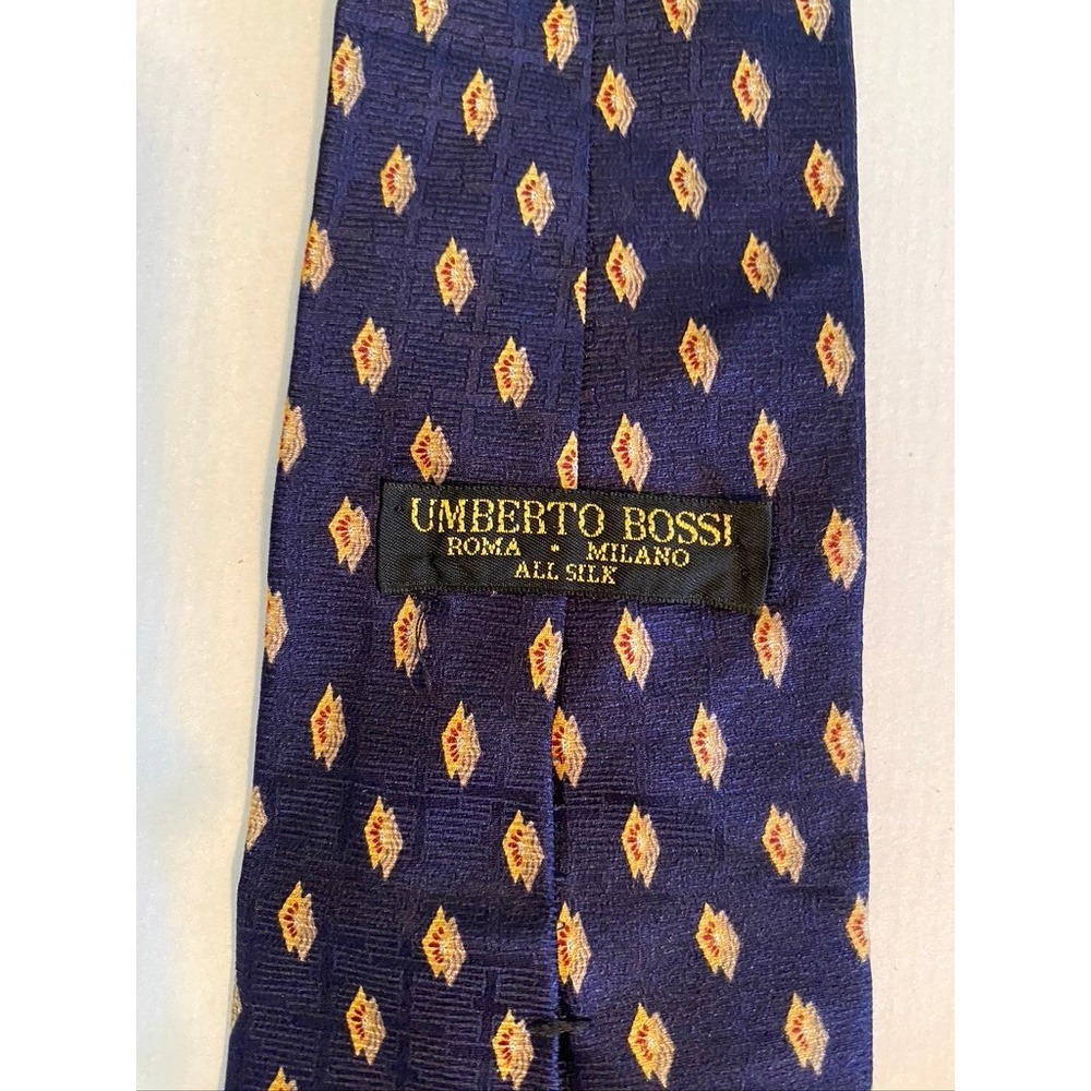 Umberto Bossi Roma Milano Mens Silk Tie Navy Blue Gold Geometric Diamond Pattern
